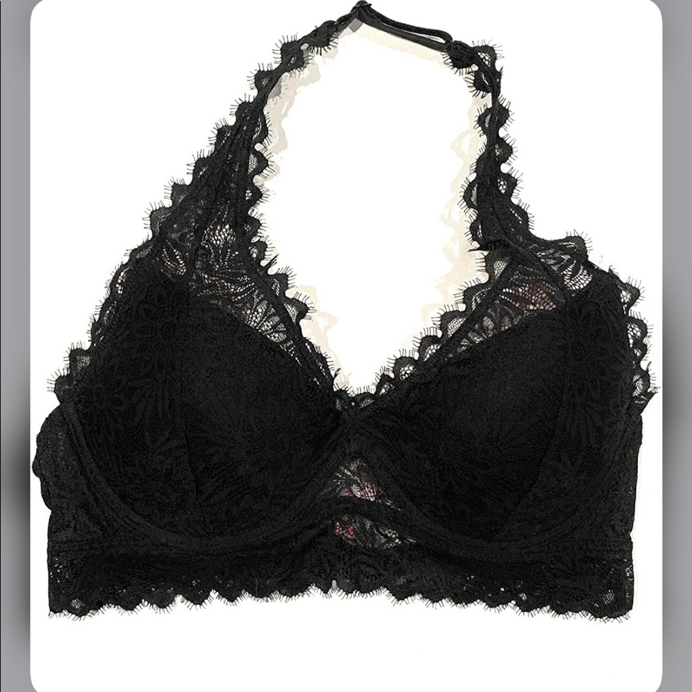VS Pink lighly lined black lace haltertop bra